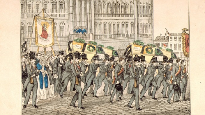 Die Toten der Revolutionskämpfe werden in einem Trauerzug am Berliner Schloss vorbeigetragen (1848)