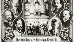 Bildung des Rats der Volksbeauftragten am 10. Nov. 1918: Hugo Haase, Otto Landsberg, Wilhelm Dittmann, Friedrich Ebert, Philipp Scheidemann und Emil Barth