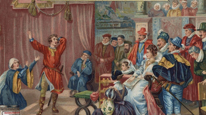 Chromolithographie: Shakespeare spielt vor Königin Elisabeth I.