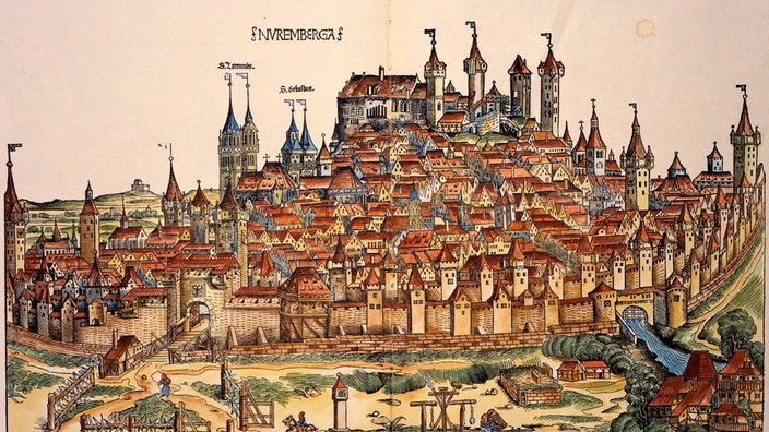 Kolorierter Holzschnitt: Ansicht der Stadt Nürnberg (1493)