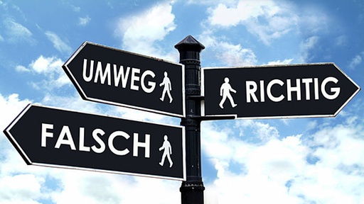 Wegweiser mit Aufschrift "Richtig", "Falsch", "Umweg".