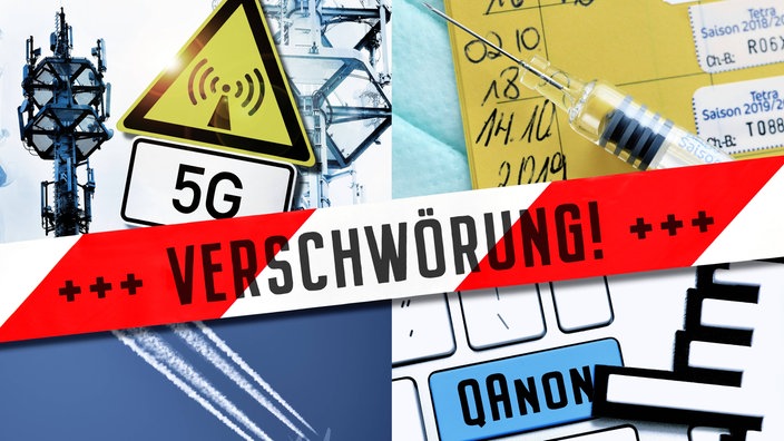 Bildcollage mit Sendemast, Warnschild '5G', einem Absperrband mit der Aufschrift 'Verschwörung', etc.