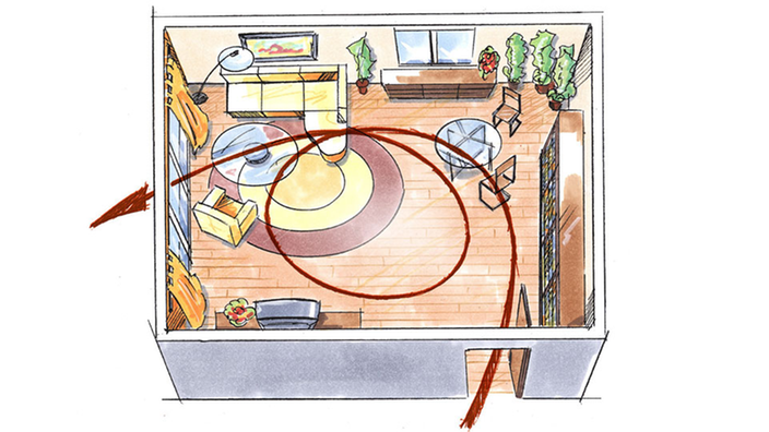 Feng-Shui-Energie fließt durch einen Raum angedeutet mit einem Pfeil.