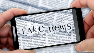 Handy, auf dem aus rausgerissenen Zeitungslettern "Fake News" steht