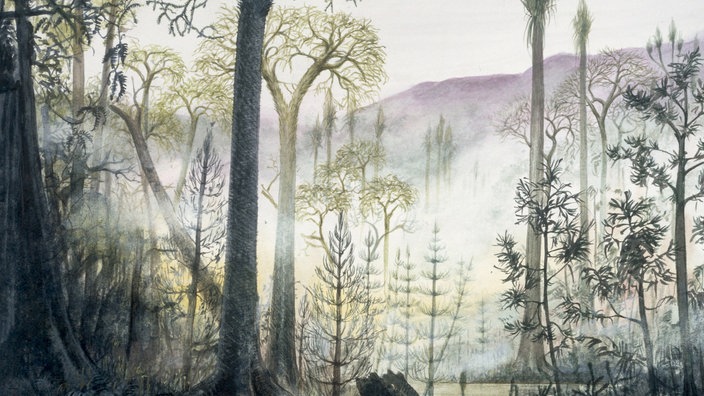 Das Aquarell "Steinkohlewald" von Johann Brandstetter zeigt eine Landschaft mit Vegetation des Karbon-Zeitalters vor rund 300 Millionen Jahren