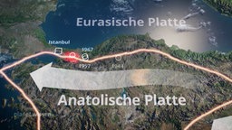 3-D-Kartenausschnitt der Nordtürkei mit Schwarzem Meer, auf der die Plattengrenze zwischen der Eurasischen und der Anatolischen Platte eingezeichnet ist.